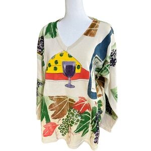 COPY - Marguerita Vintage Hand Painted VNeck Sweater Wine & Cheese